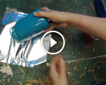 He paints a mason jar and places it upside down on tin foil. When he picks it up? SO CLEVER!