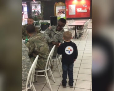 Soldiers Eat In A Mall, Then A Little Boy Goes To Their Table To Shake Their Hands