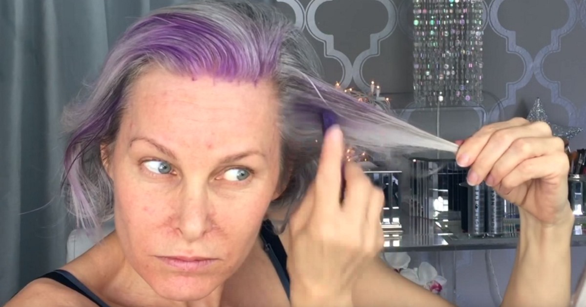 52-Year-Old Adds Purple Streaks to Her Gray Hair, Minutes Later Stunning Transformation Takes Shape