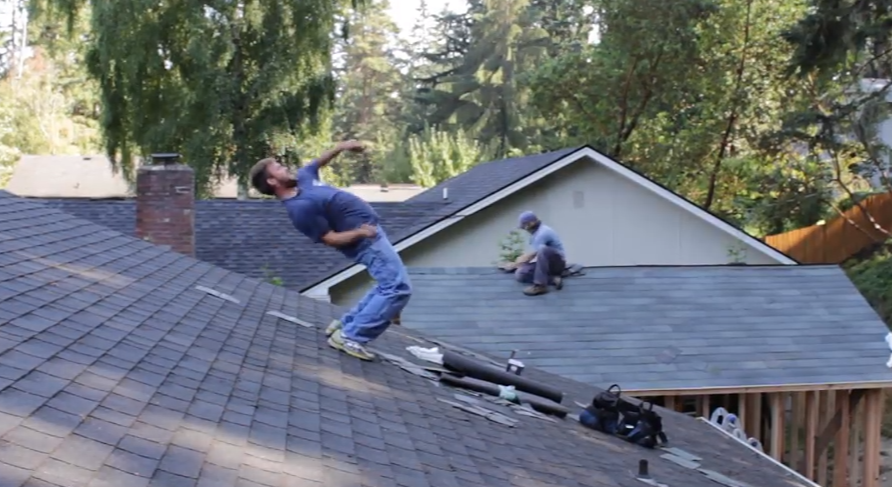 Roofers Are Working When Music Comes On. Man In Blue Quickly Brightens Everyone’s Day