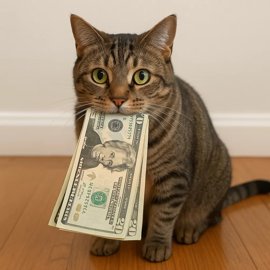 Tabby cat on wooden floor holding a twenty-dollar bill in its mouth instead of mice.