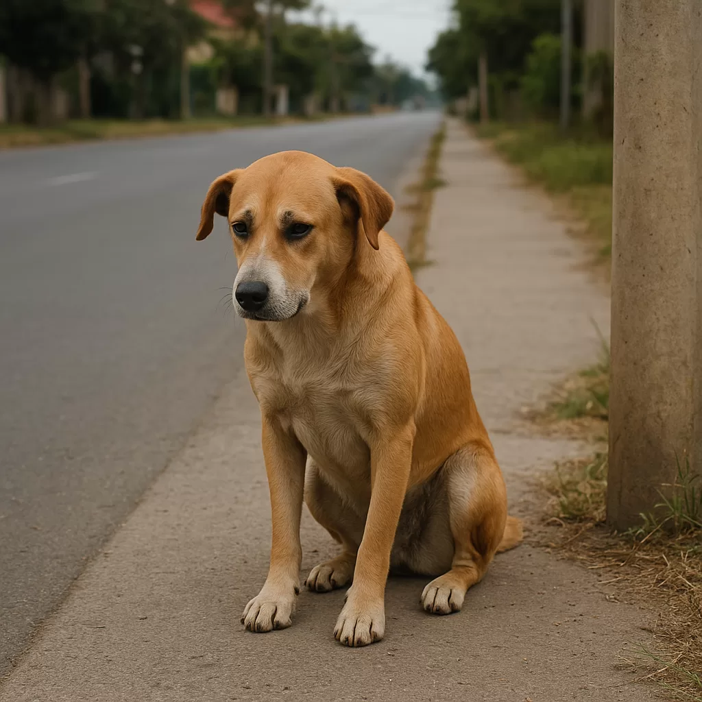 Sad brown dog sits alone daily at same sidewalk spot near a road, waiting patiently.