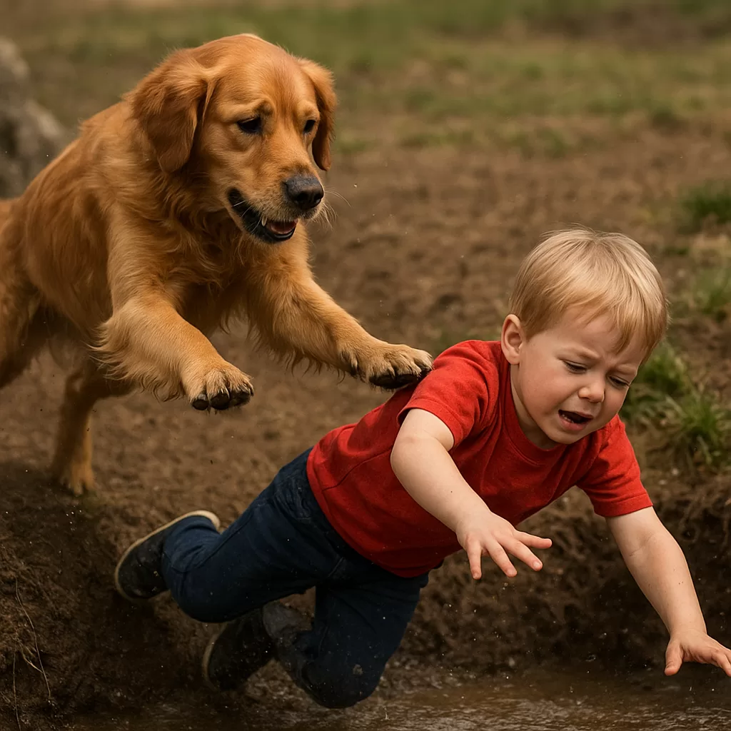 Golden retriever leaps playfully behind a young boy slipping toward muddy ground outdoors.