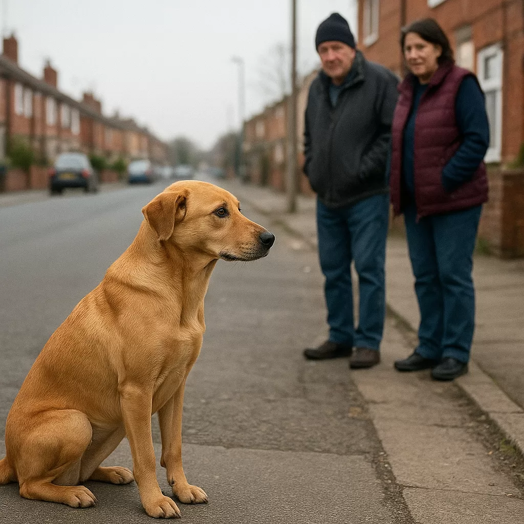 Golden Labrador sitting patiently on a sidewalk, symbolizing loyal dog waiting for its owner daily.