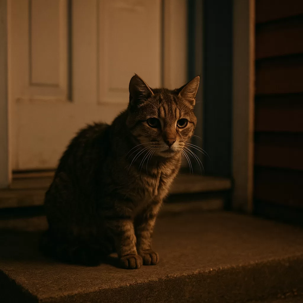 Old tabby cat sits quietly on doorstep at night, returning to late owner's home for comfort and healing.