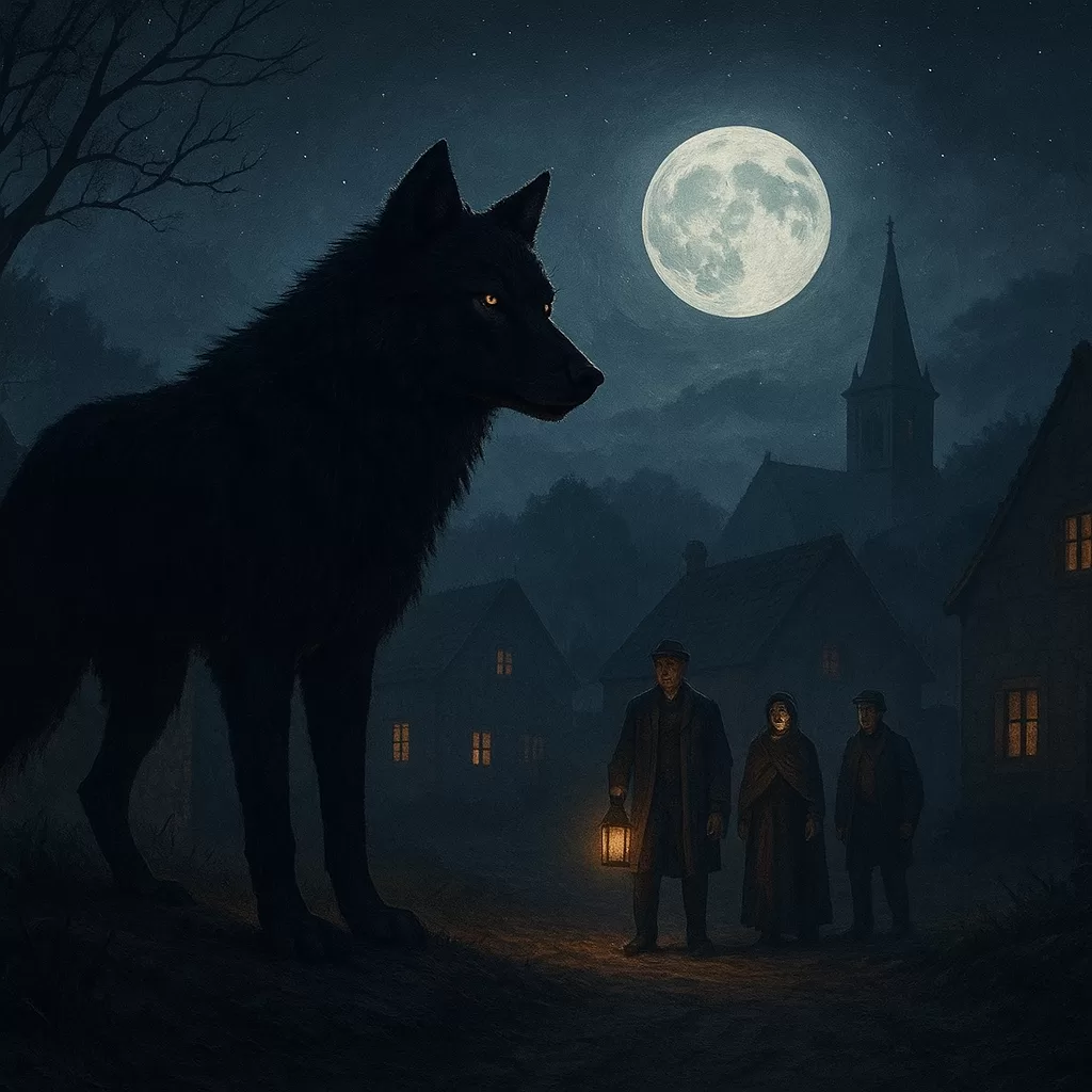 Giant black wolf under full moon looms over village, three people hold lantern looking up in night.