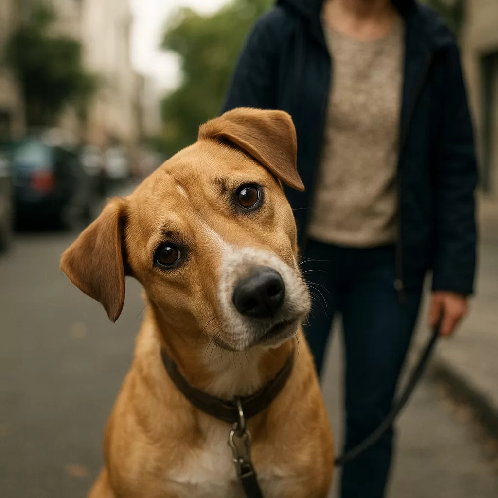 Close-up of a curious dog tilting its head while on a leash during a city walk.