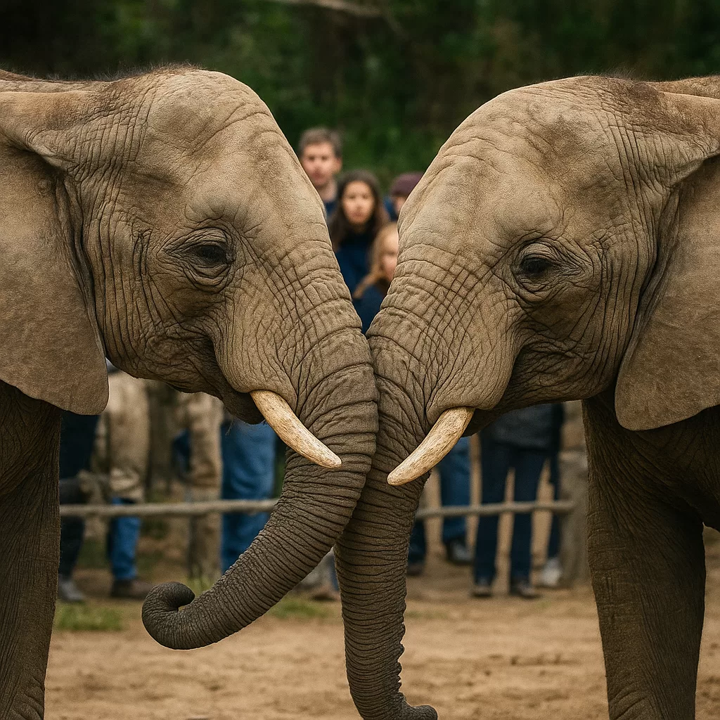 Two young elephants gently touching trunks in a sanctuary, illustrating elephant memory and emotion.