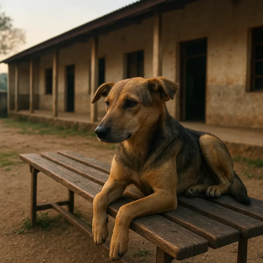 Stray dog Luna rests quietly on a wooden bench outside a rural school at sunrise in 2026.